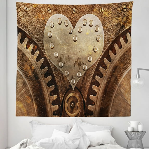 Steampunk Tapestry, Grungy Background with Close up Image of Heart Form and Rivets Robotics Theme Print, Fabric Wall Hanging Decor for Bedroom Living Room Dorm, 5 Sizes, Brown, by Ambesonne