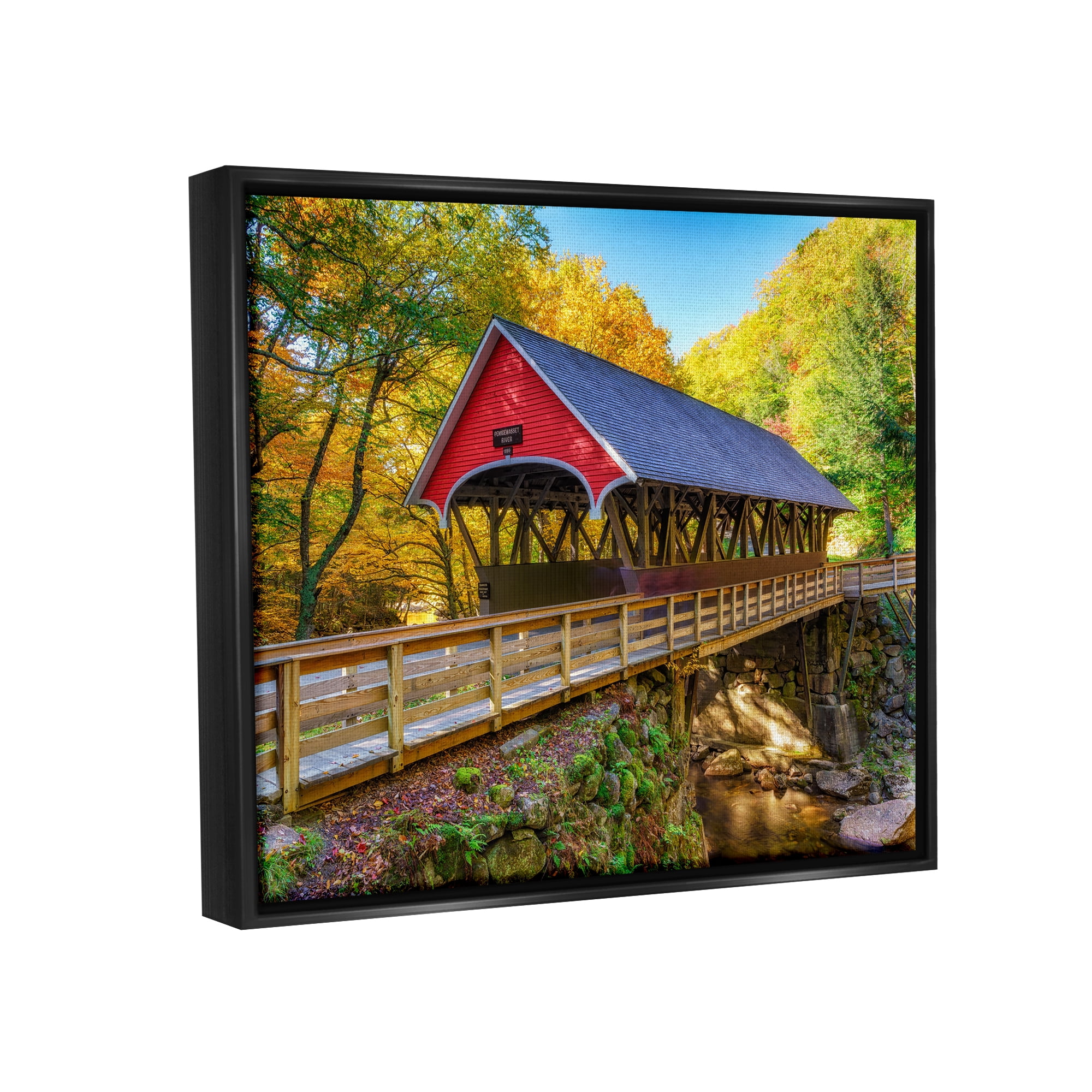 Stupell Red Covered Bridge Woodland Creek Landscape Photography Black Floater Framed Art Print Wall Art