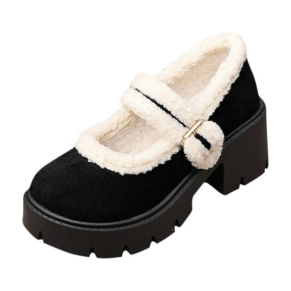 Black Ladies Warm Round Toe Plus Velvet Thick Heel Thick Bottom Loafers Mid Heel For Comfort