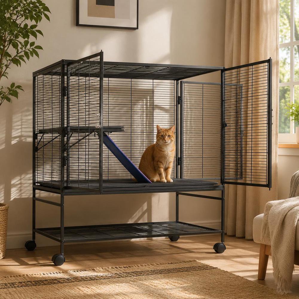 Small Animal Cage, 39-Inch 2-Tier Rolling Ferret Cage, Metal, Black, with Removable Tray and Ramp, Model Jm-Xc-083