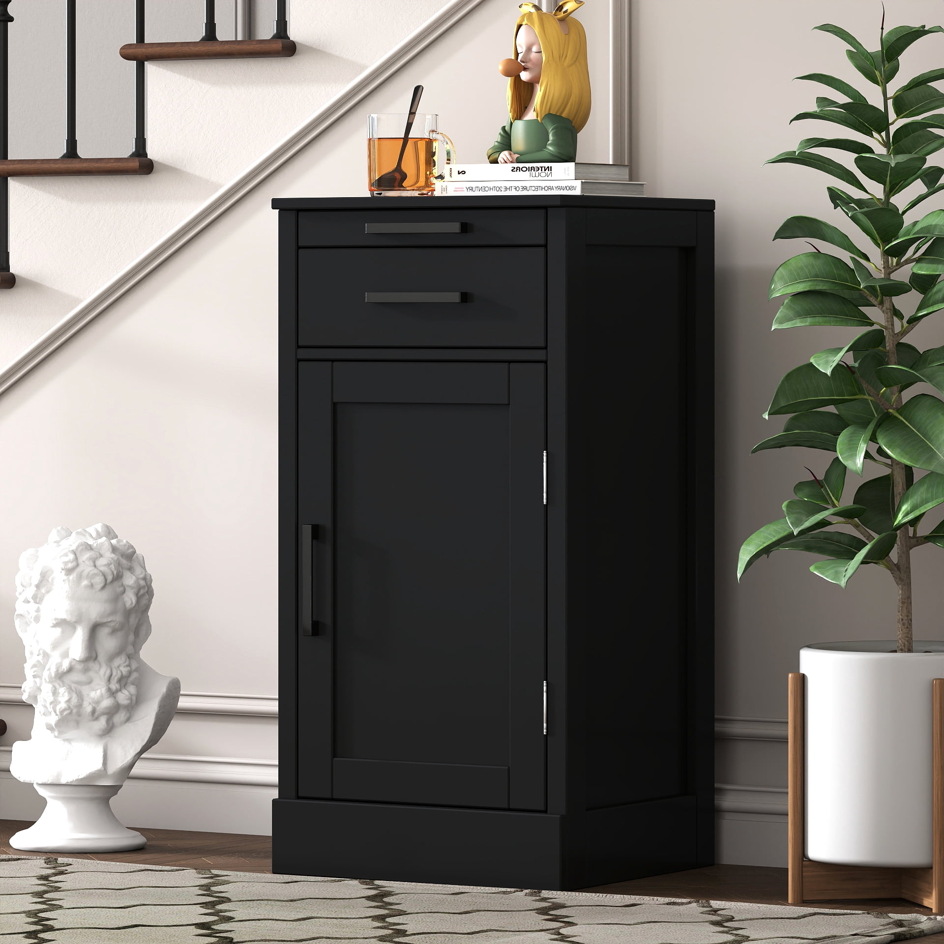 Wine Bar Cabinet Storage Hutch with Drawer Open Shelf for Dining Room, Black