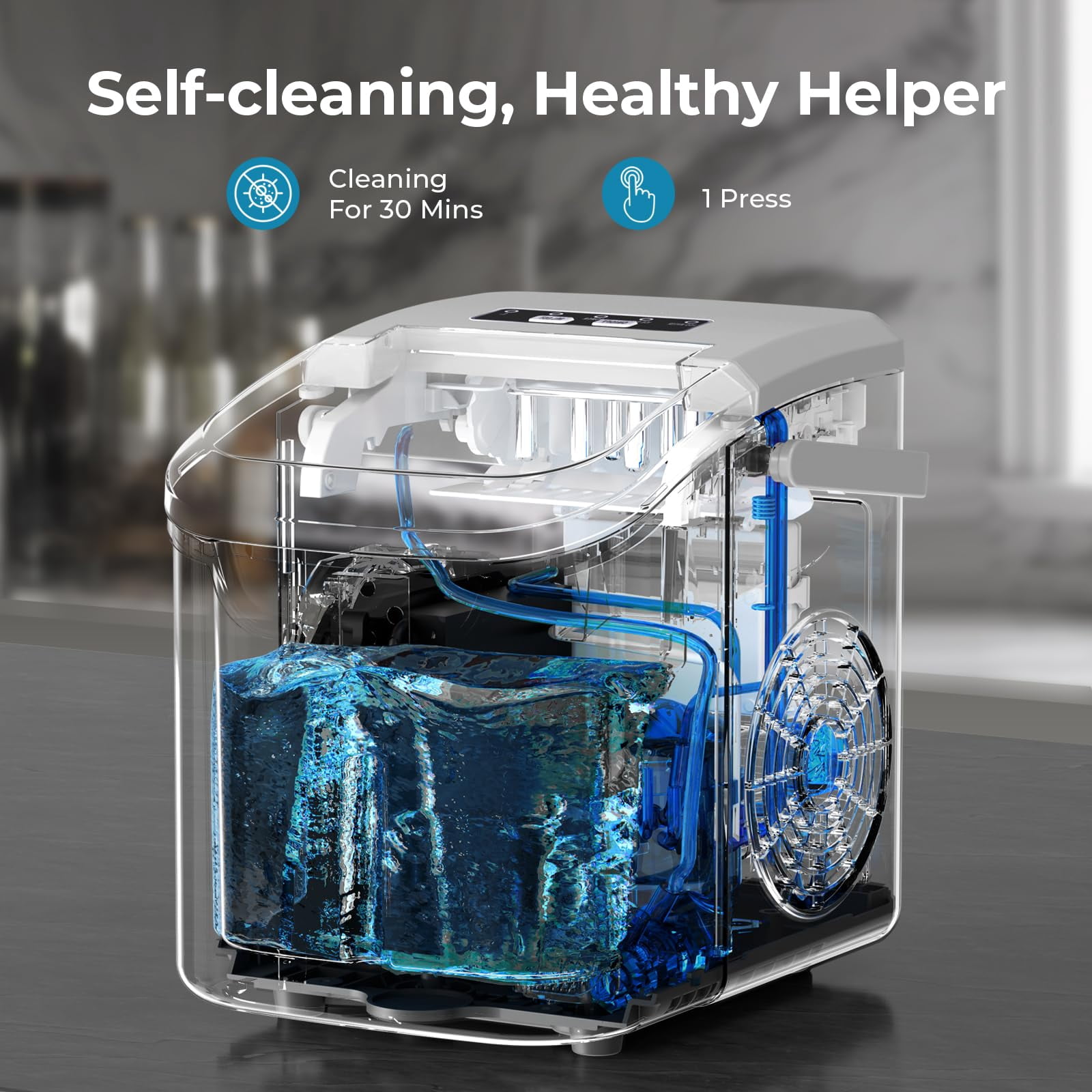 FREE VILLAGE Countertop Ice Maker Machine, 8 Ice Cubes in 6 mins, 26lb/Day Bullet Ice with 2 Sizes- Portable Mini, Energy Saving & Basket/Scoop for Home/Party/Travel/Camping/Bar,Grey