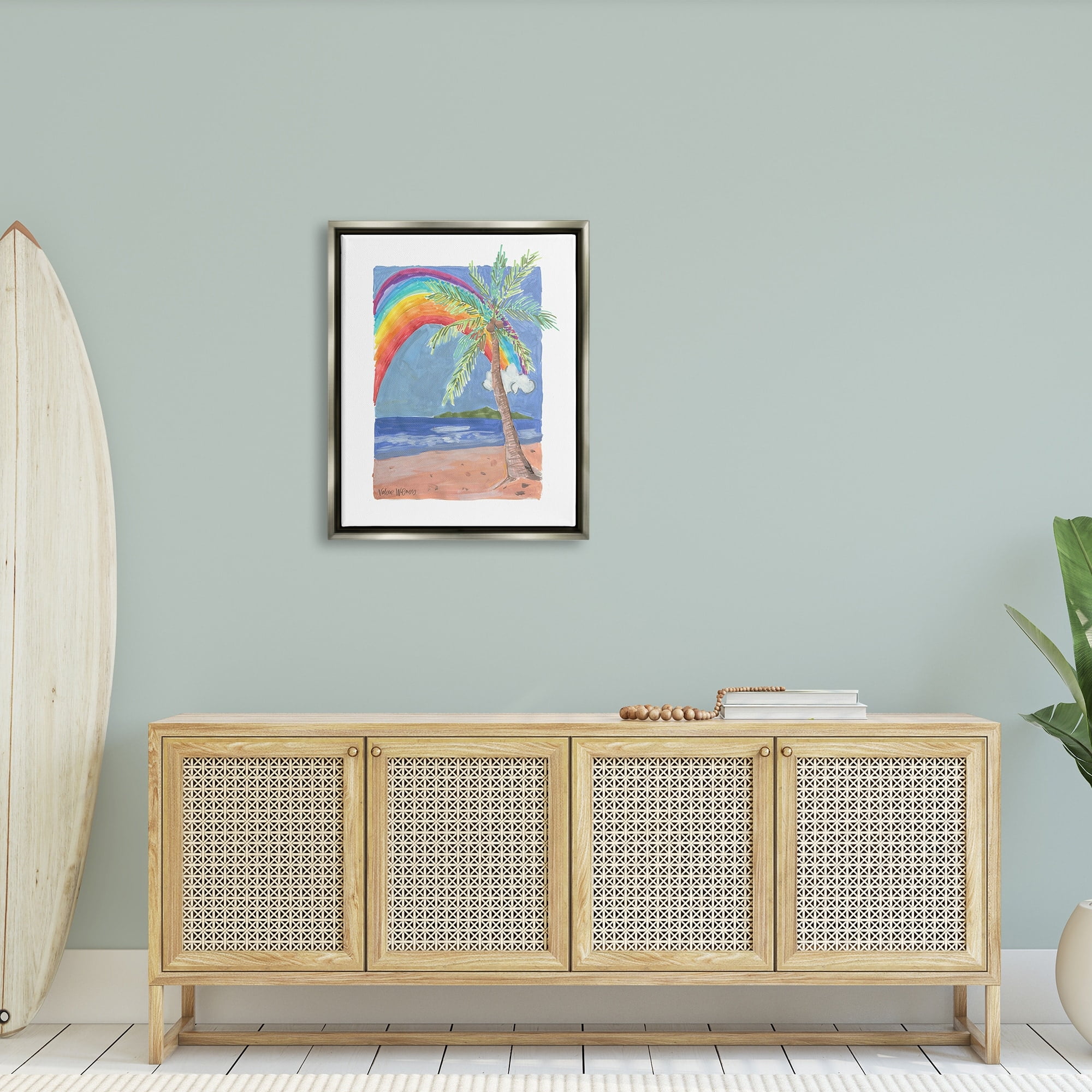 Stupell Industries Whimsical Rainbow Over Beach Tropical Palm Tree Painting Luster Gray Floating Framed Canvas Print Wall Art, Design by Valerie Wieners