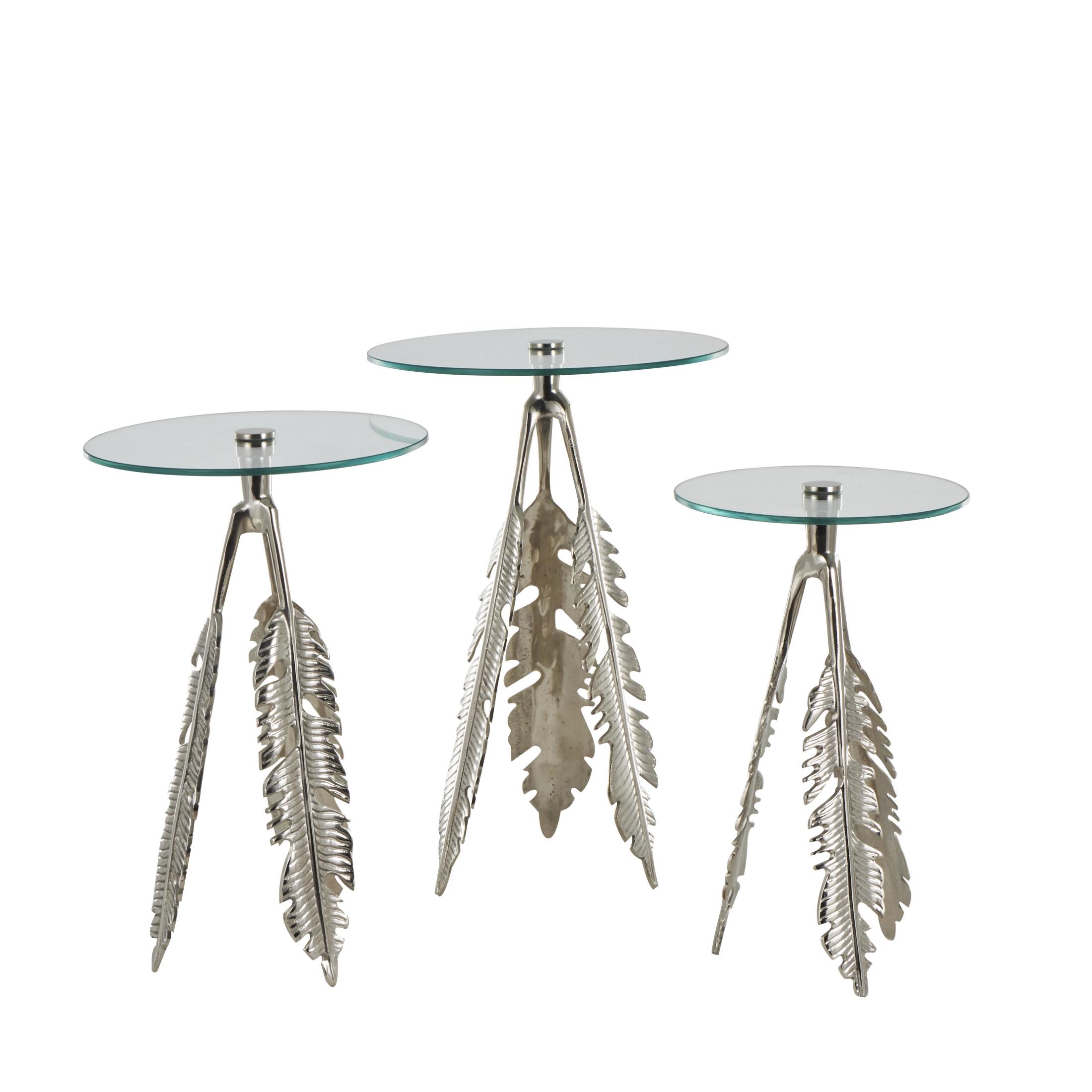 DecMode 16" x 24" Silver Aluminum Metal Leaf Accent Table with Tripod Legs and Tempered Glass Top, 3-Pieces