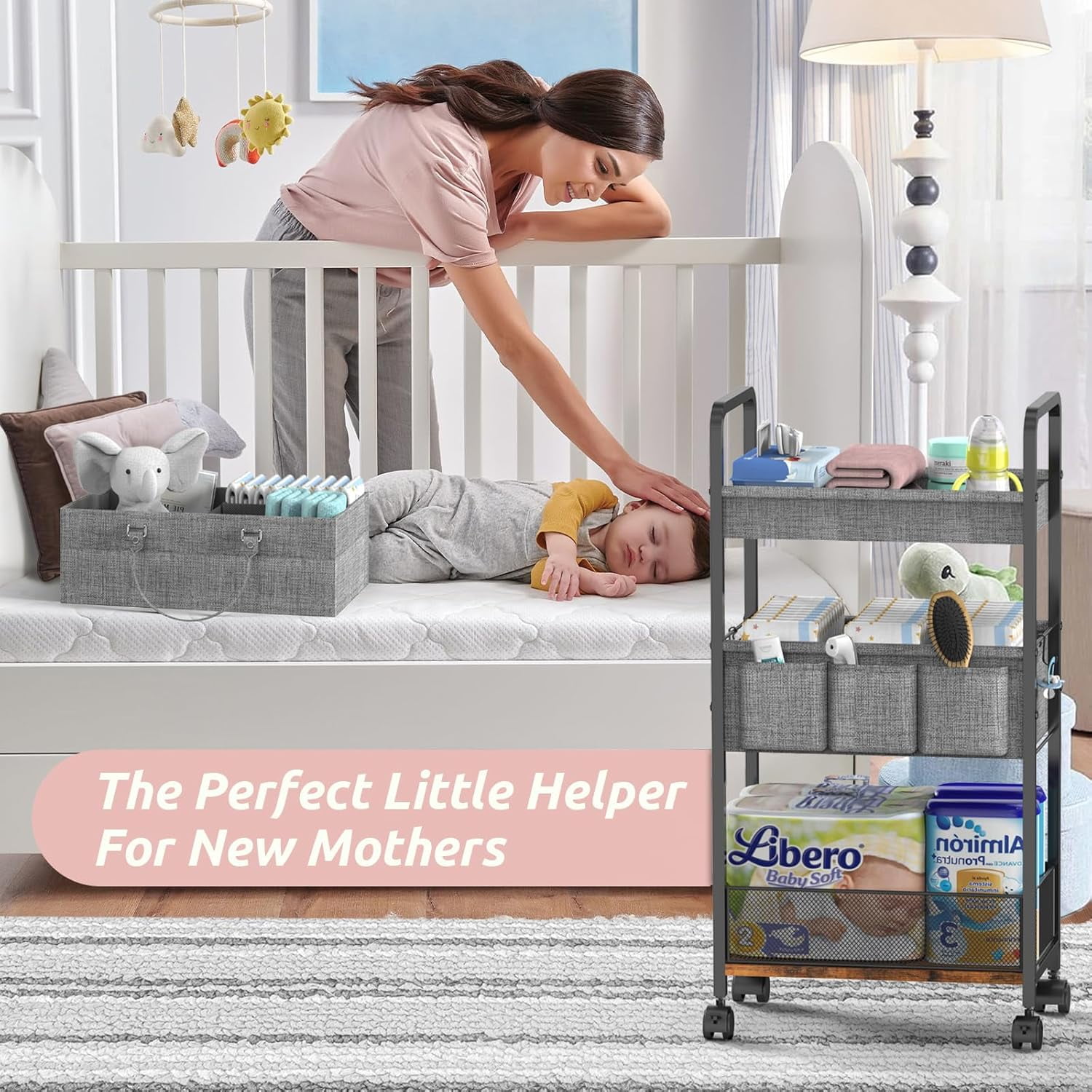 2In1  Diaper Caddy & 3-Tier Rolling Cart with Dividers, Mobile Metal Utility Organizer for Nursery Essentials
