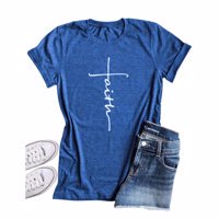 T-Shirt Femme Col Rond Manches Courtes Chemisier Manches Courtes T-Shirt; T-Shirt Lettre Décontractée, Bleu, XXL