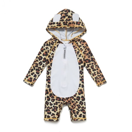 BONVERANO Baby Girls Swimsuit UPF 50+ Sun Protection, Zip Front Hoodie Long Sleeve One Piece Swimwear, Toddler Bathing Suit (Leopard Print 12-18months)