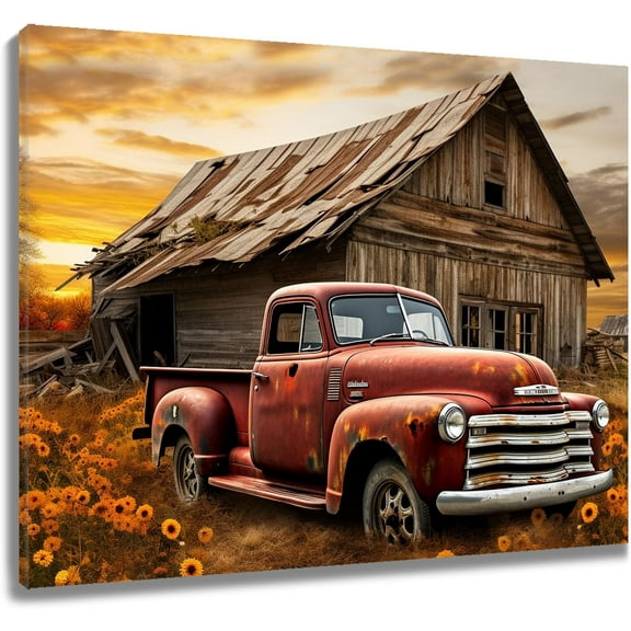 Farmhouse Truck Wall Art Vintage Barn Old Red Car and Orange Floral with Sunset Canvas Wall Art Rustic Landscape Wall Art for Living Room Bedroom Bathroom Decor Ready to Hanging 12Lx16W Inch