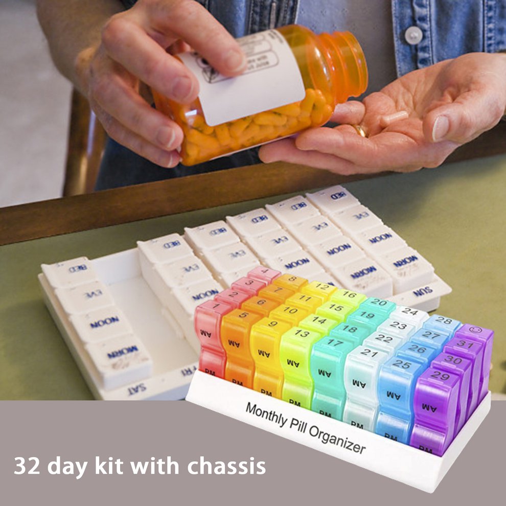32 Grids Pill Box Safety Portable Monthly Pill Organizer Medicine Box