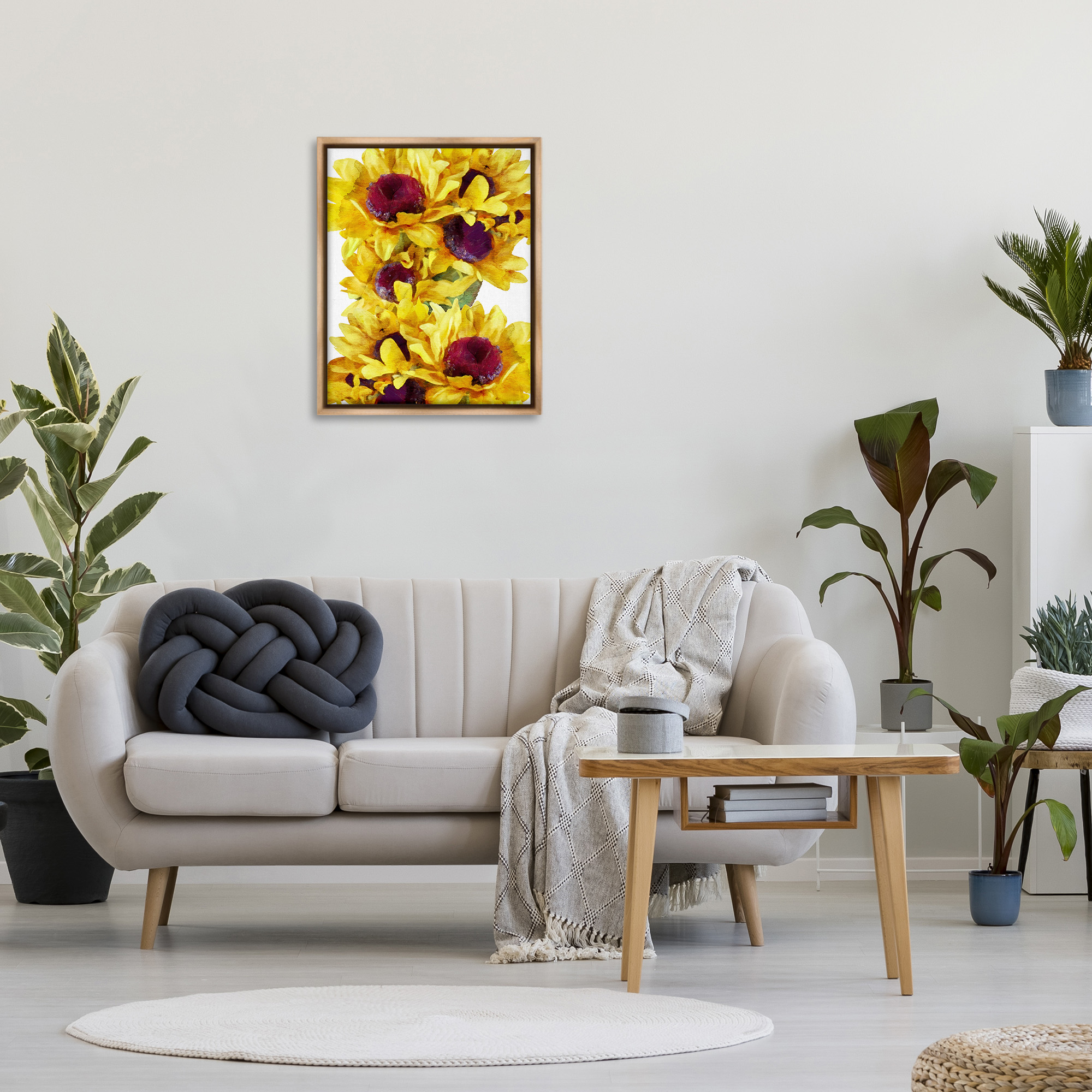 Stupell Industries Overlapping Sunflower Blooms Botanical & Floral Painting Brown Floater Framed Canvas Art Print Wall Art, 25 x 31