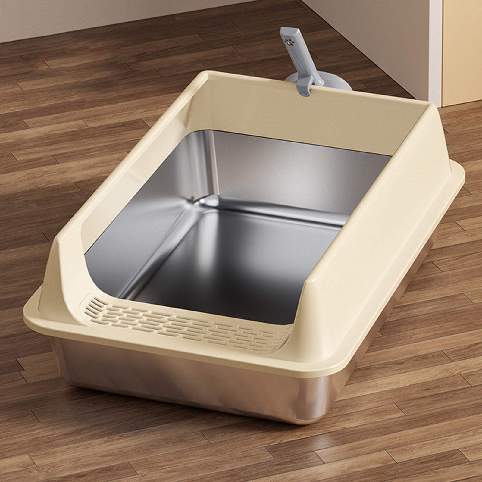 Large Cats Litter Box Stainless Steel Half Enclosed Design Antisplash Moisture Odor Control Litter Tray for Home