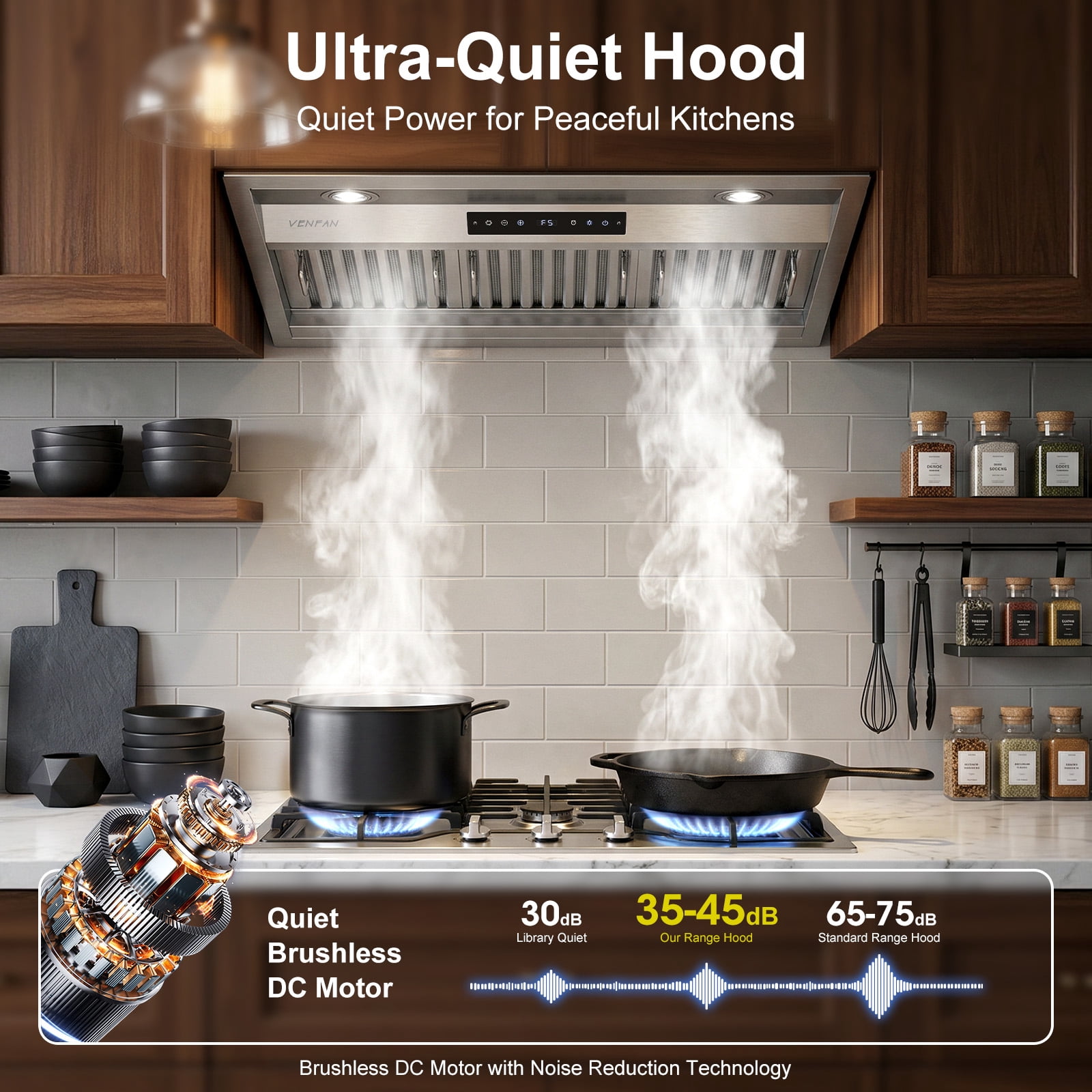 VENFAN 36 Inch Range Hood Insert , 1200 CFM Ultra Quiet Kitchen Vent Hood, Gesture & Touch Control, Ducted/Ductless Convertible, Stainless Steel with Memory Function