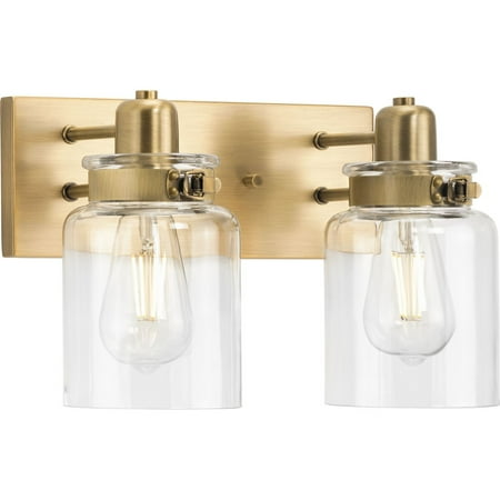 

Calhoun Collection Two-Light Vintage Brass Clear Glass Farmhouse Bath Vanity Light