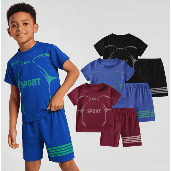Fdqin Boys Shorts Sets 6Pcs Quick Drying Sports Short Sleeve T-Shirt and Active Shorts Summer Outfits for Kids Wine red Blue Black 4-5 Years