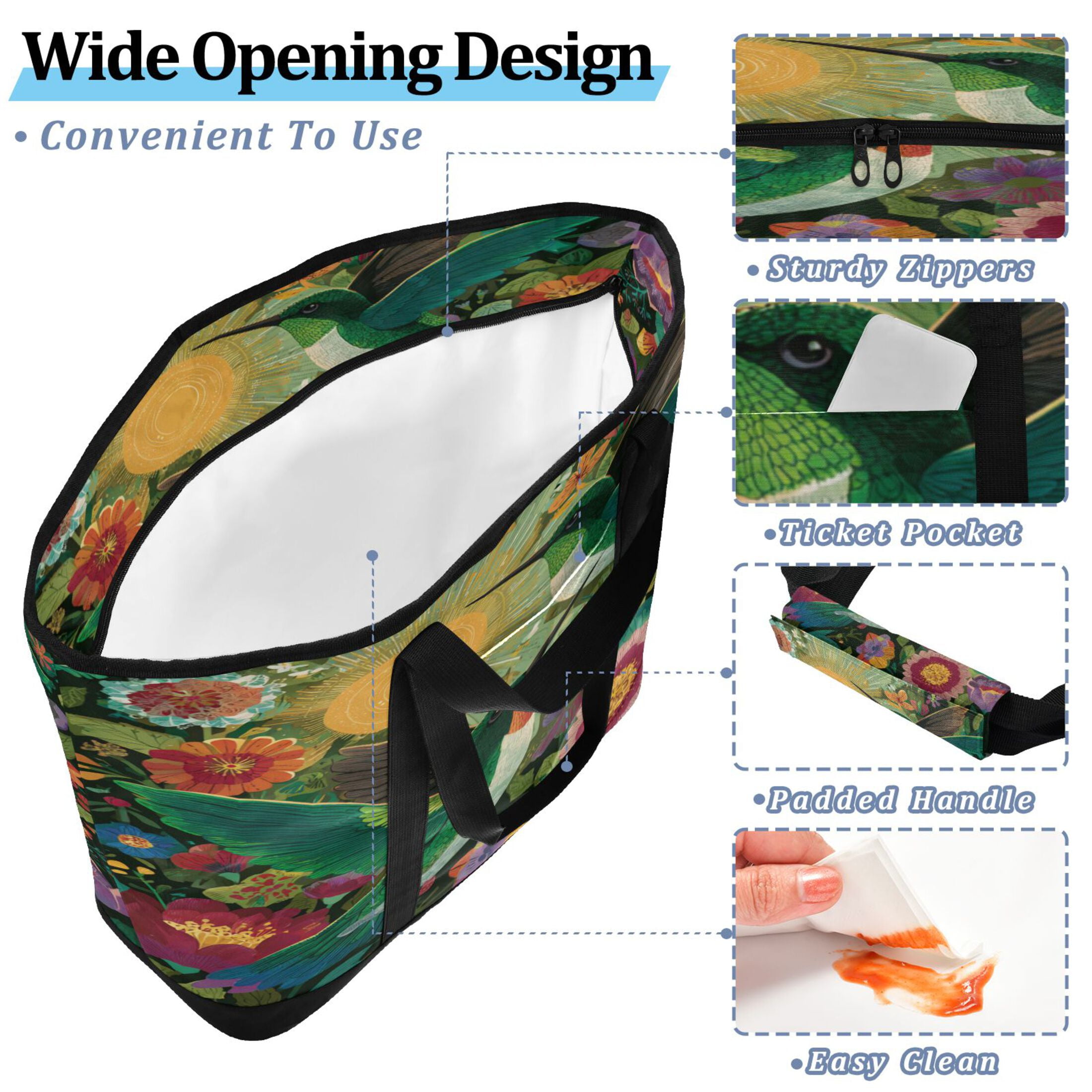 Extra-Large Wide Opening Design Capacity Hand-Held Ice Pack Thickened Insulation Layer For Long-Lasting Cold Retention For Outdoor Shopping Picnics And Camping Two Affectionate Green Hummingbirds