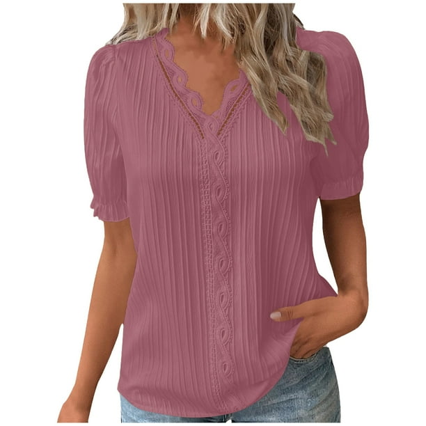 Blusa elegante lisa de verano con cuello en V y encaje para mujer - Camiseta cómoda de manga corta en color liso