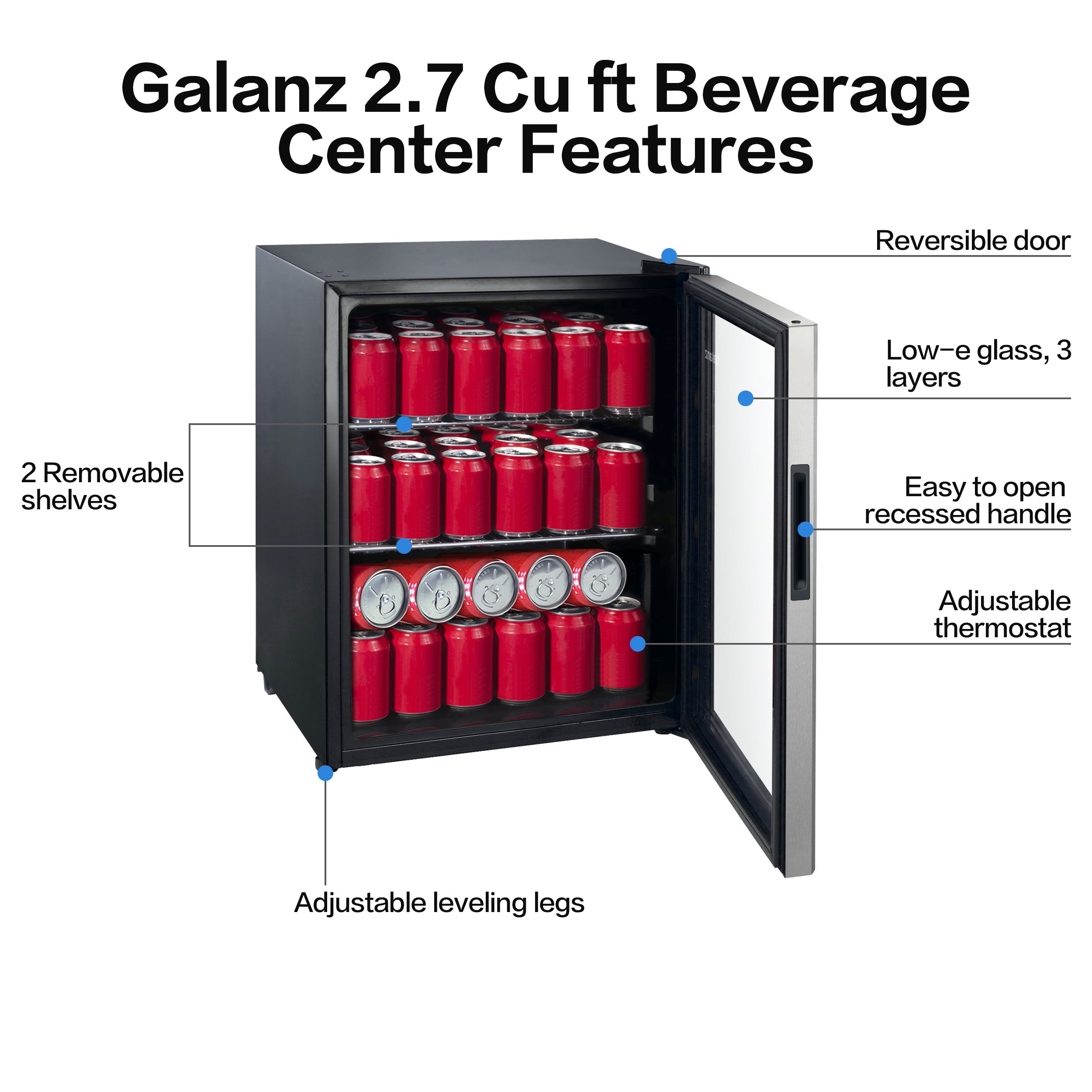 Galanz 85 Can Beverage Cooler, Glass Door Beverage Refrigerator, Drink Fridge for Soda, Beer & Wine, Freestanding for Home, Office, Bar