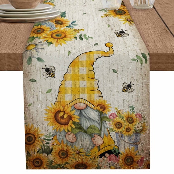 nqOlkjepod Sunflower Gnomes Table Runner 90 Inches Long Farmhouse Dress Scarves, Farmhouse Leaf Floral Spring Summer Dining Tablerunner for Coffee Table/Kitchen Island/Party Décor, 13" x 90"