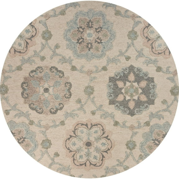 Laddha Home Designs 4.75' Ivory and Blue Floral Hand Tufted Round Wool Area Throw Rug