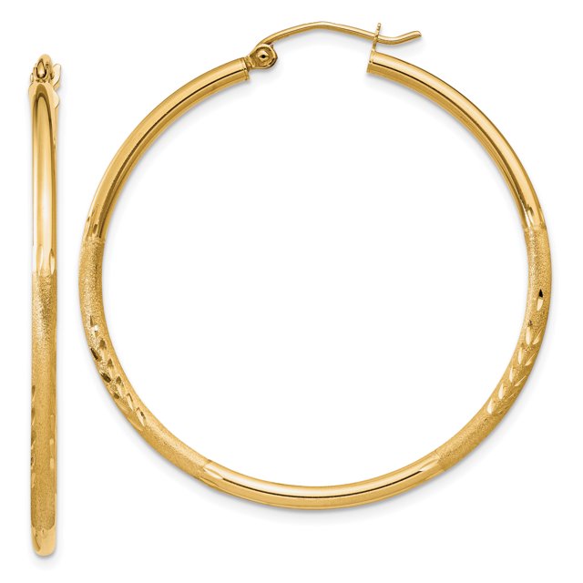 14K Yellow Gold Satin & Diamond Cut 2mm Round Tube Hoop Earrings