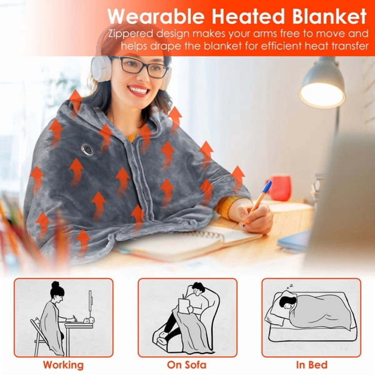 AsterOutdoor Wearable USB Heated Blanket Shawl, Flannel, 59"×31"