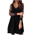 thumbnail image 1 of Sexy mujer Puff manga larga impreso Patchwork suelto cuello en V señoras malla Mini vestido Pompotops  ghjkhdj6697, 1 of 5
