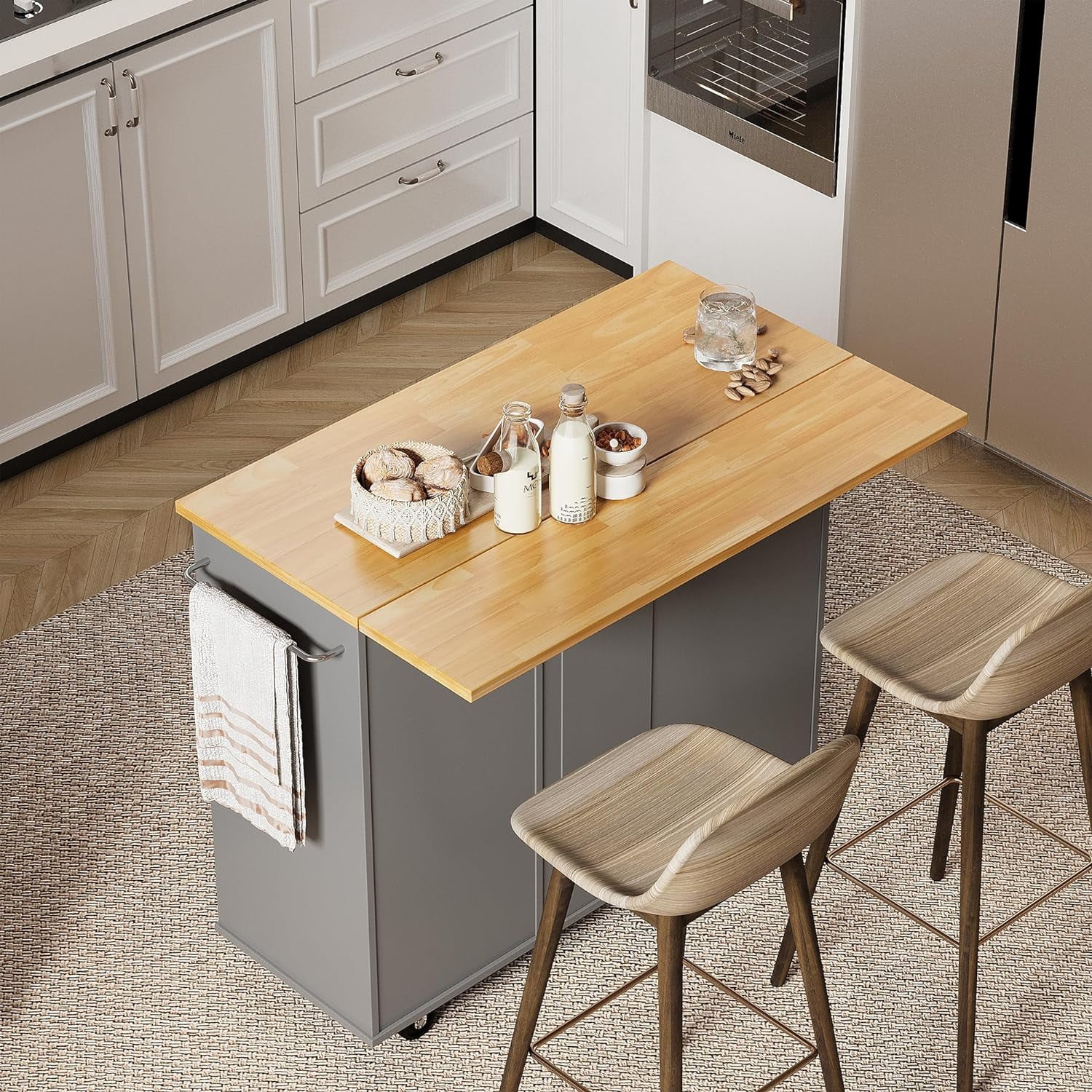 Sobaniilo Rolling Kitchen Island Cart with Folding Drop Leaf Breakfast Bar, Portable Trolley Island with Large Storage Cabinet, Shelf and Drawer, Grey