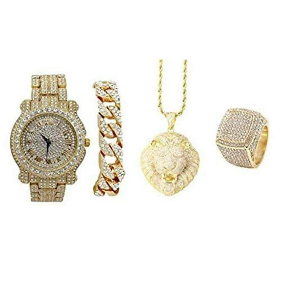 Charles Raymond Lion King Pendant - Luxury Wristwatch Covered with Crystal Clear Rhinestones - Iced out Cuban Bracelet & Bling out Ring Gift Set - (12, Gld L0504 Lion King 4pc Set)