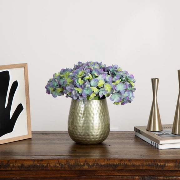 Nearly Natural Hydrangea Artificial Floral Arrangement with Punched Vase - 11" - Blue and Yellow