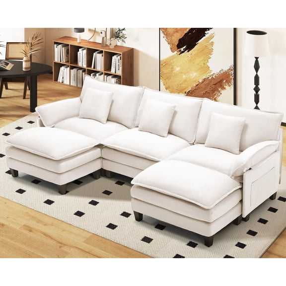 JONPONY Comfy Cloud Couch with Movable Ottoman, Modular Sectional Sofa, 106" L Shaped Modern Sofa with Pillows, Deep Seat Couches for Living Room, Bedroom and Apartment, Beige