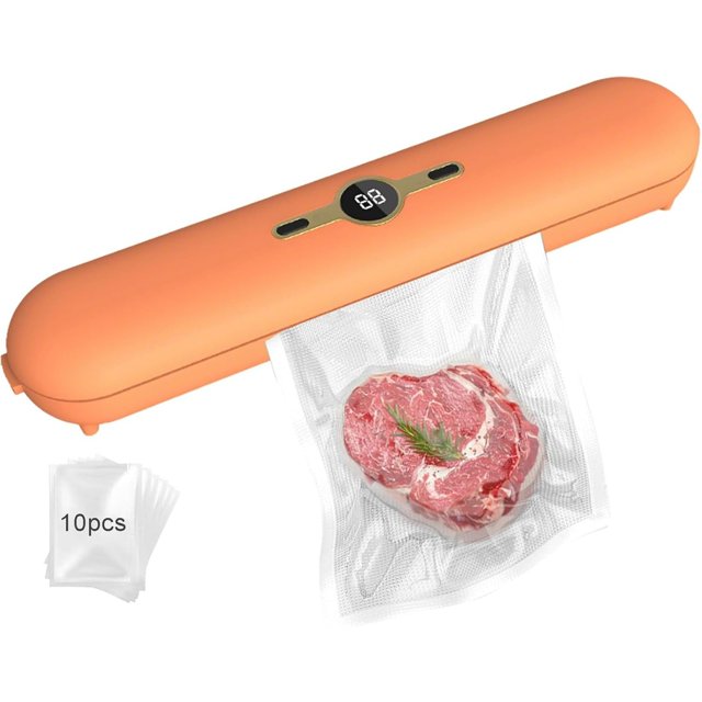 Dusknt Under $5 Vacuum Sealer Orange, Vacuum Food Sealing Machine New Automatic One Operation Sealing Machine Suction Power Lcd Display with 10 Storage Bags, Clearance Sales Today! Deals Prime!