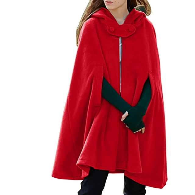 Hooded Medium Women Cape Winter Vintage Overcoat Fashion Button Cloak Woolen Coat