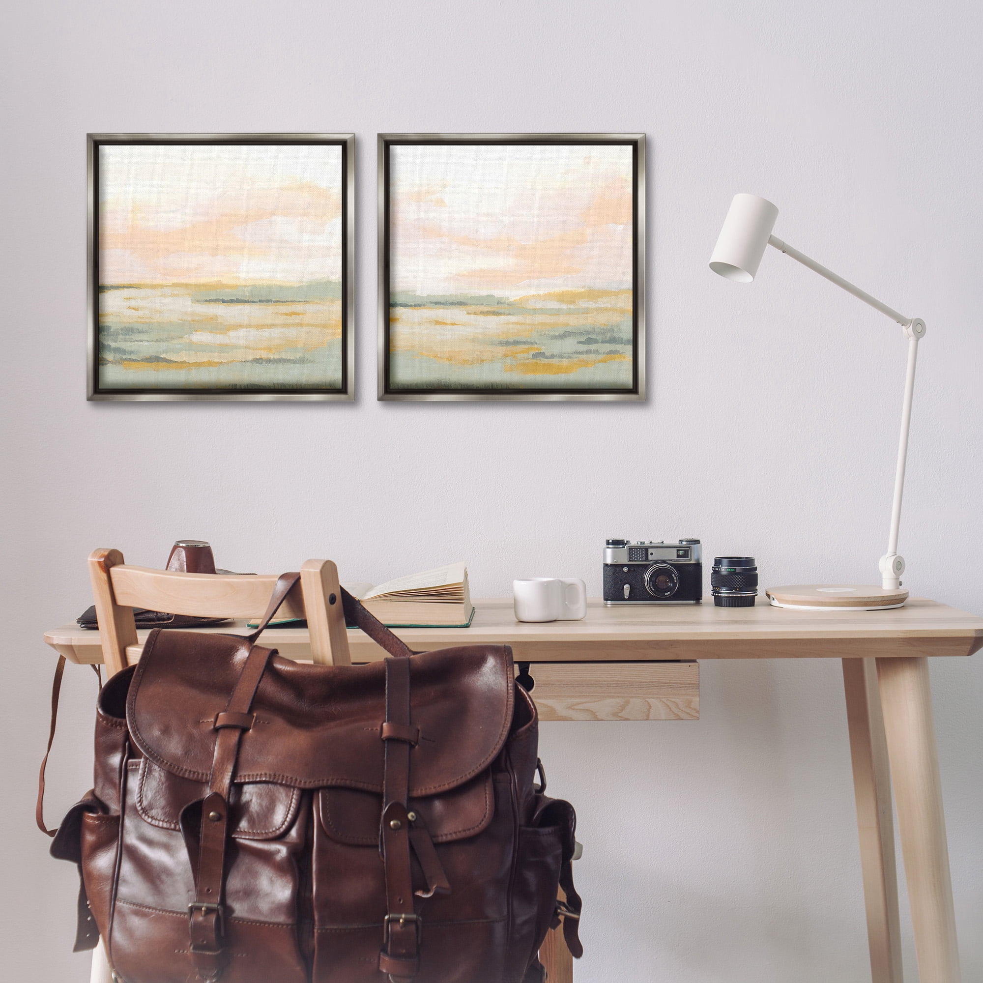 Stupell Industries Sunrise Sky Abstraction Landscape Painting Gray Floater Framed Canvas Art Print Wall Art, 18 x 18, Set of 2
