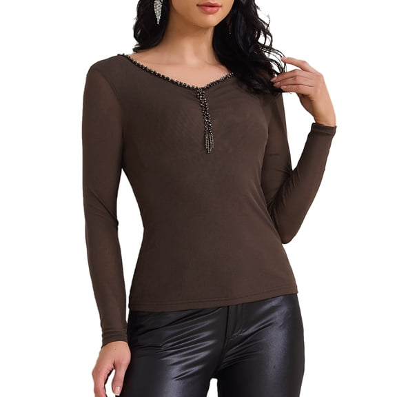 DARING DIVA Women's Semi Sheer Long Sleeve Ruched V Neck Sequin Panel Top XS Dark Brown