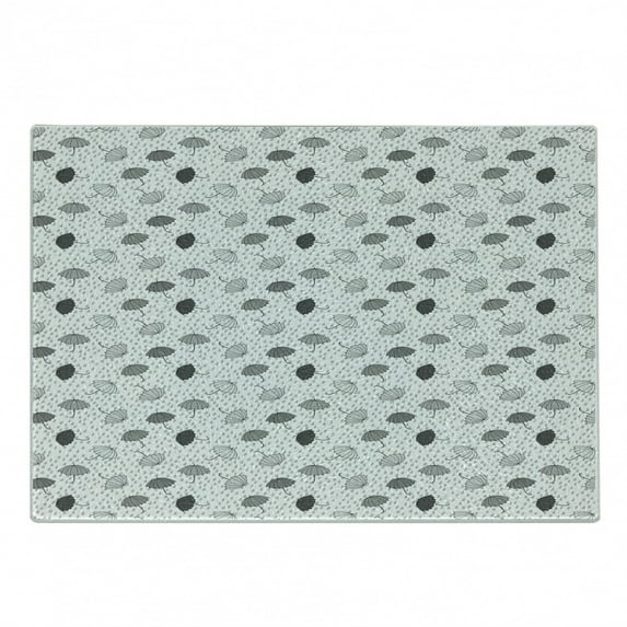 Abstract Cutting Board, Umbrellas Pattern in Rain Greyscale Illustration of Winter Accessories, Decorative Tempered Glass Cutting and Serving Board, Small Size, Grey Pale Grey White, by Ambesonne