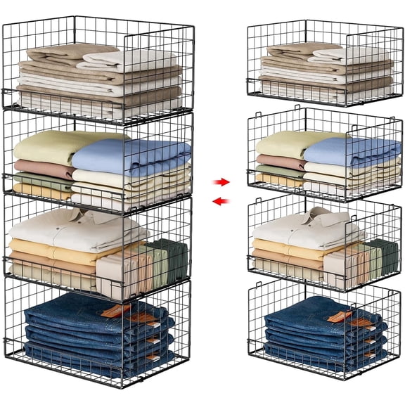 XCOSRACK 4-Tier Stackable Closet Organizer Baskets, Heavy-Duty Metal Wire Storage Shelves for Folded Clothes & Jeans, Foldable Wardrobe Organization for Bedroom, Black