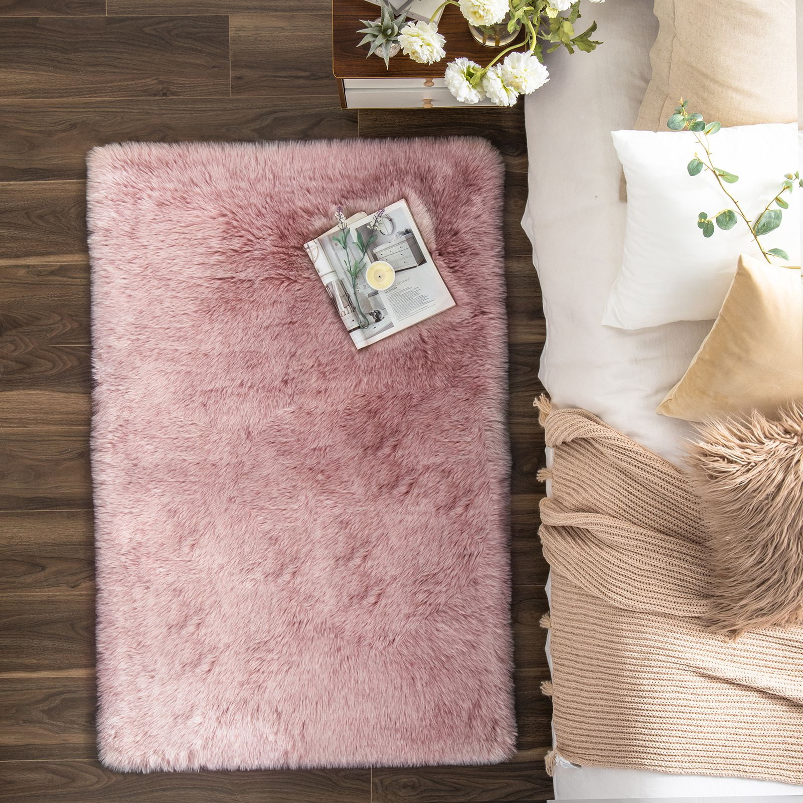 Phantoscope Ultra Soft Faux Fox Fur Pink, Indoor Area Rug, 3 x 5 ft, Rectangle