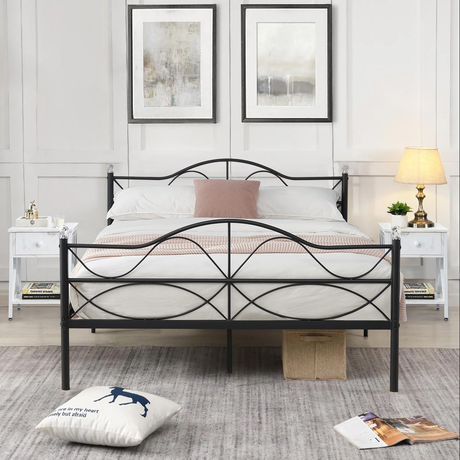 Vecelo Metal Platform Bed Frame With Victorian Crystal Ball Headboard