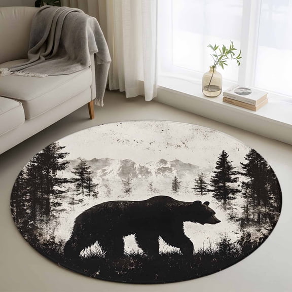 Rustic Bear Round Area Rug 4 FT, Non Slip Indoor Outdoor Rug, Vintage Country Wildlife Forest Mountains Washable Soft Circular Carpet Non-Shedding Floor Mat for Coffee Table Nursery Foyer Balcony