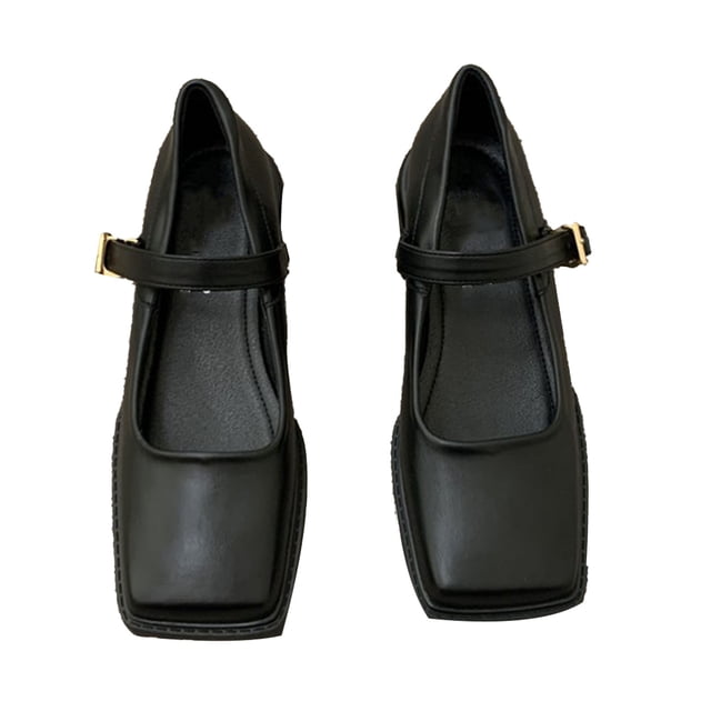 Zapatos de plataforma con hebilla para mujer, zapatos de tacón cerrados con punta cuadrada, elegantes y ergonómicos, con correa en el tobillo, negro 37