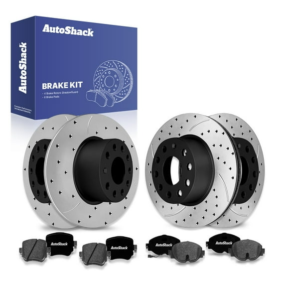 AutoShack Front & Rear Drilled & Slotted Brake Rotors Premium Ceramic Brake Pads | Replacement for 2015 VW Golf SportWagen 2017 GTI 1.8L 2.0L FWD | E-Coated | 12-PC Brake Kit | ShadowGuard