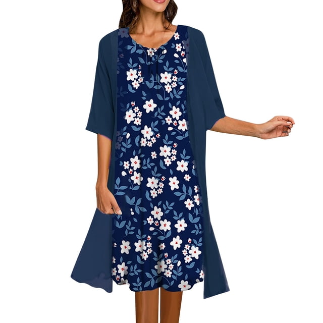Robes de Printemps pour Femmes 2025 Robe d'Été Deux Pièces Impression Numérique 3D Mode Robe de Printemps Bleu Foncé TTG