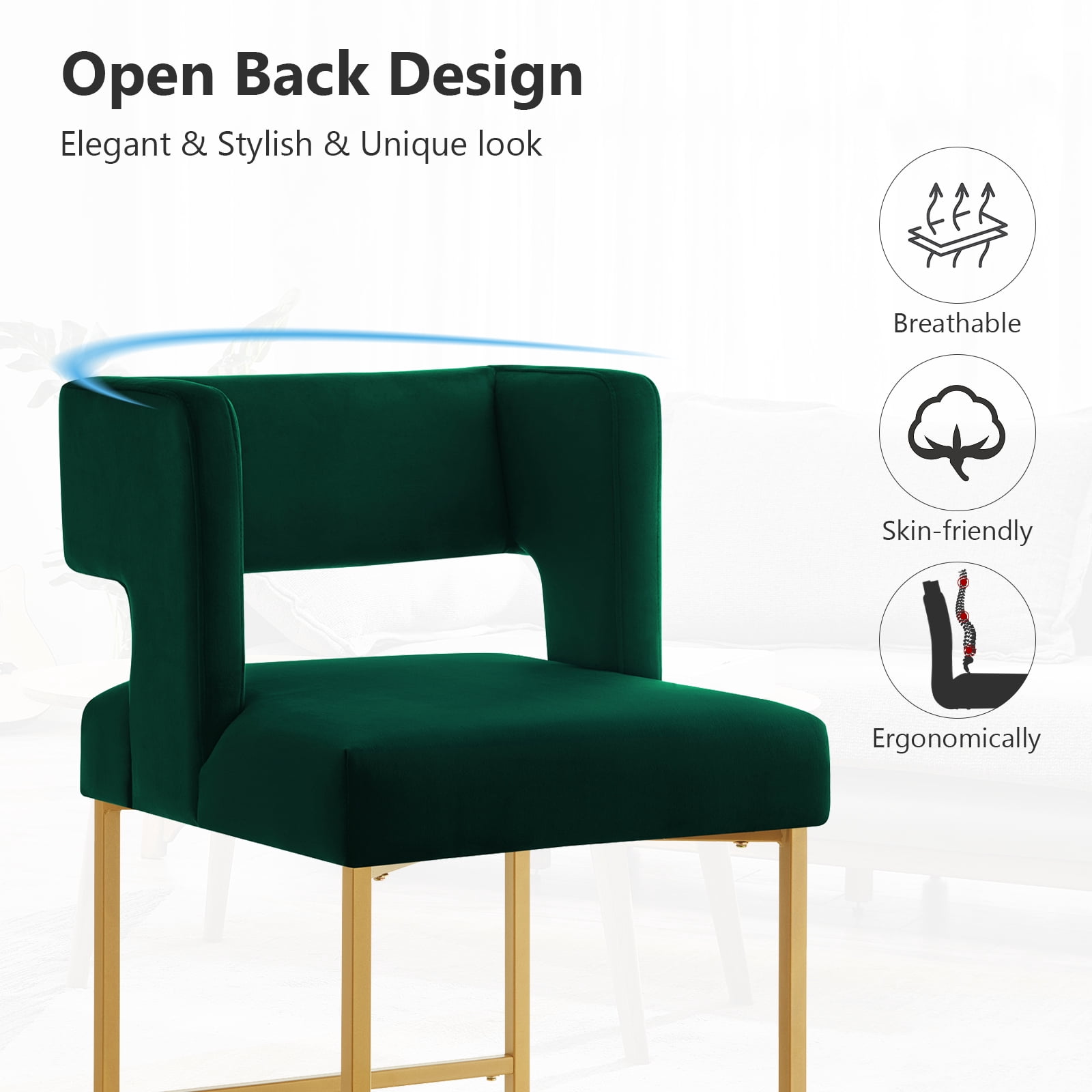 Lecut 26" H Counter Height Bar Stools Set of 2, Modern Velvet Bar Stools with Square Open Backrest and Gold Metal Frame, Kitchen Counter Stools for Island, Home Bar, Pub,Green+Gold