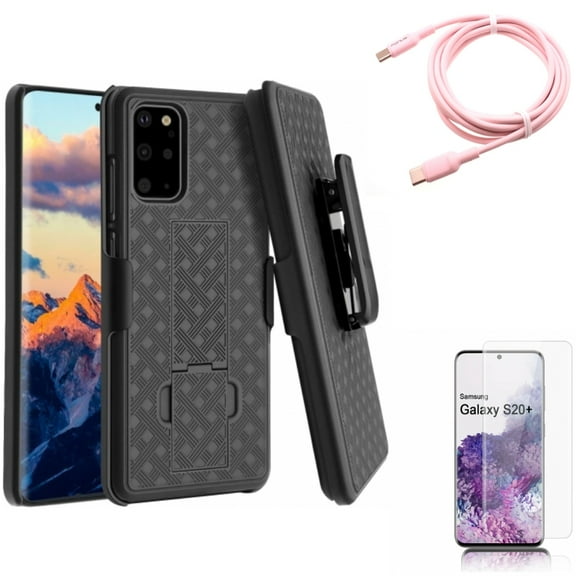 Screen Protector w Case Belt Clip w Pink 10ft Long Cable for Samsung Galaxy S20 Plus - Tempered Glass [Fingerprint Unlock] 3D Curved Edge, Holster Swivel Cover, USB-C to Type-C PD fits Galaxy S20 Plus
