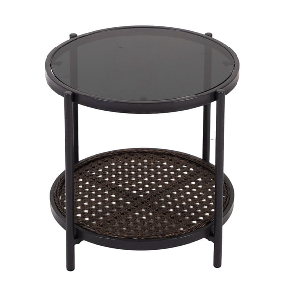 Kinbor Outdoor Wicker Side Table – Roud Patio End Table with Tempered Glass Top, Rubber Suction Pads & Storage Shelf, All-Weather Rattan Coffee Table for Balcony, Porch, Deck, Garden, Easy Assembly