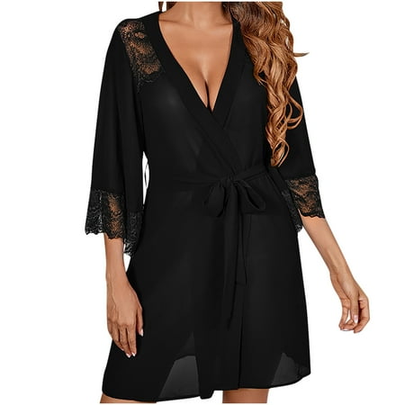 Odeerbi Women s Sleepwear with Robe Lingerie Dress Set 2025 Valentine s Day Comfortable And Versatile Lace Stitching Oversized Pajamas Pajama Skirt With Belt Black