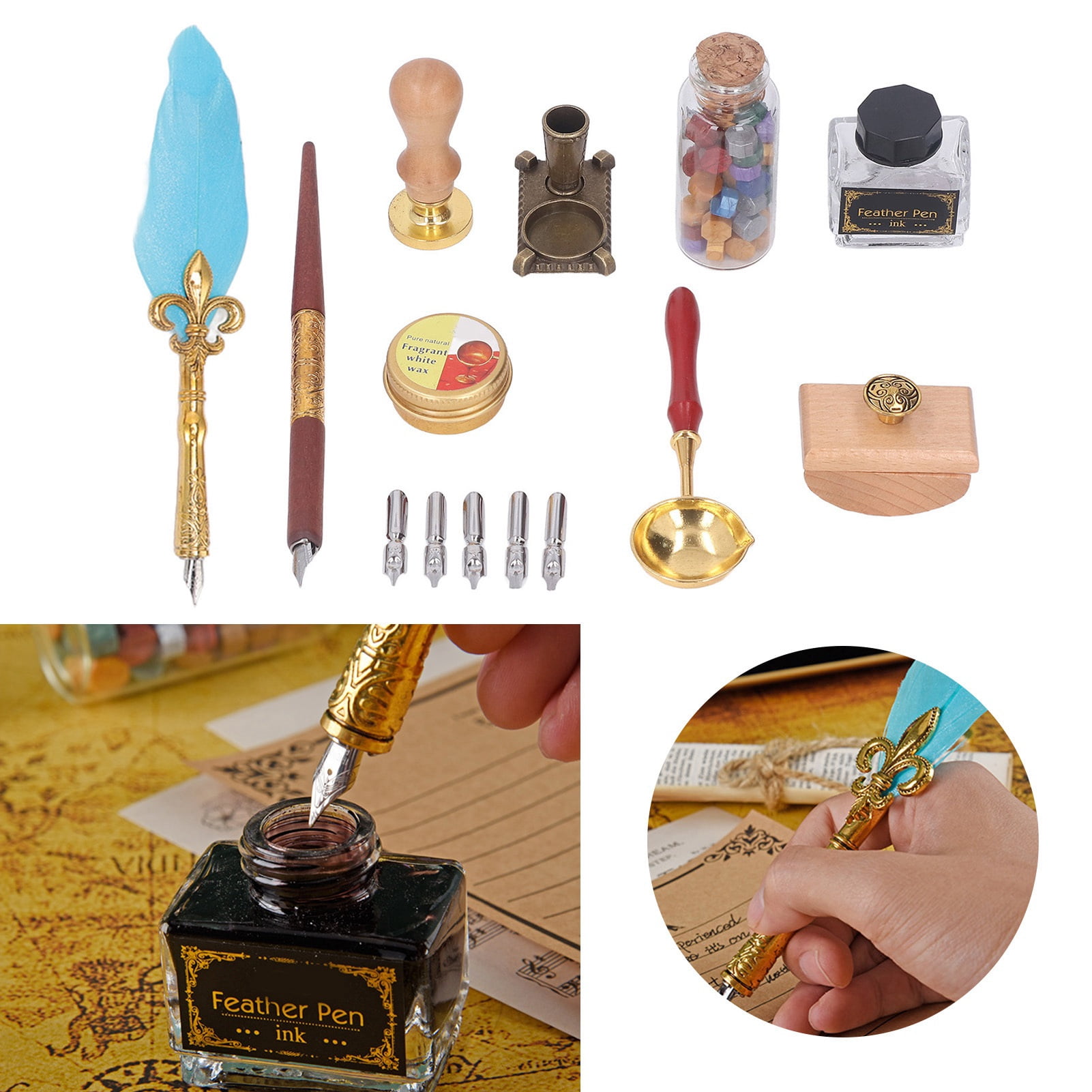 YAHHU European Style Feather Pen Set, Vintage Calligraphy Quill Pen Set with Blotter Stamp, Melting Wax Spoon, and 5 Replaceable Nibs for Art and Gifting (11.42 inches / 29.00 cm)