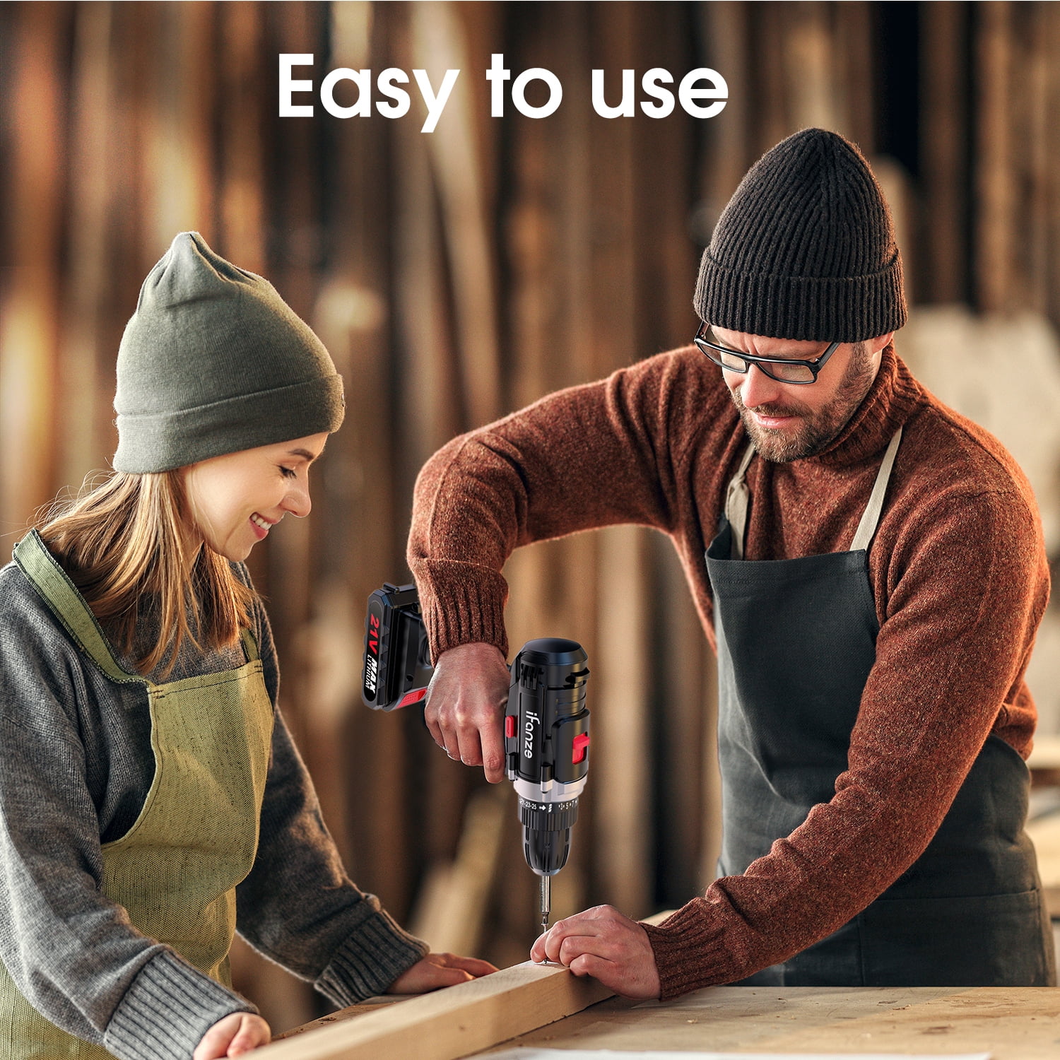 Qunler 21V Cordless Drill, Power Drill Driver Set with 2 Batteries, 3/8"Keyless Chuck, 25+1 Position, 2 Variable Speed, Built-in LED for Drilling and Screw Driving