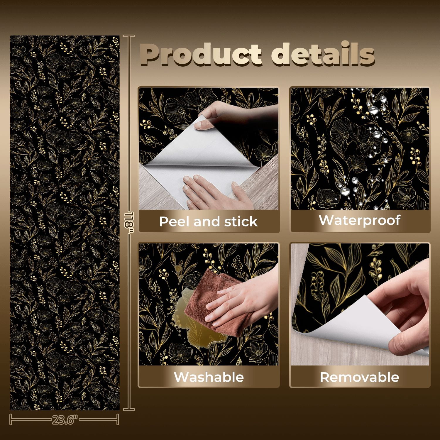 Peel and Stick Wallpaper Baroque Elegant Floral Gold Black Botanical Elements Wall Mural 23.6in x 9.8ft Self Adhesive Removable Wall Paper Renter Friendly Wallpaper for Nursery Bedroom Cabinets