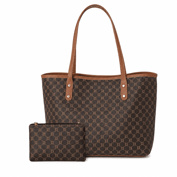 REMANLAND Women's Geometric Print Tote Handbag with Matching Pouch and Double Shoulder Straps, Brown